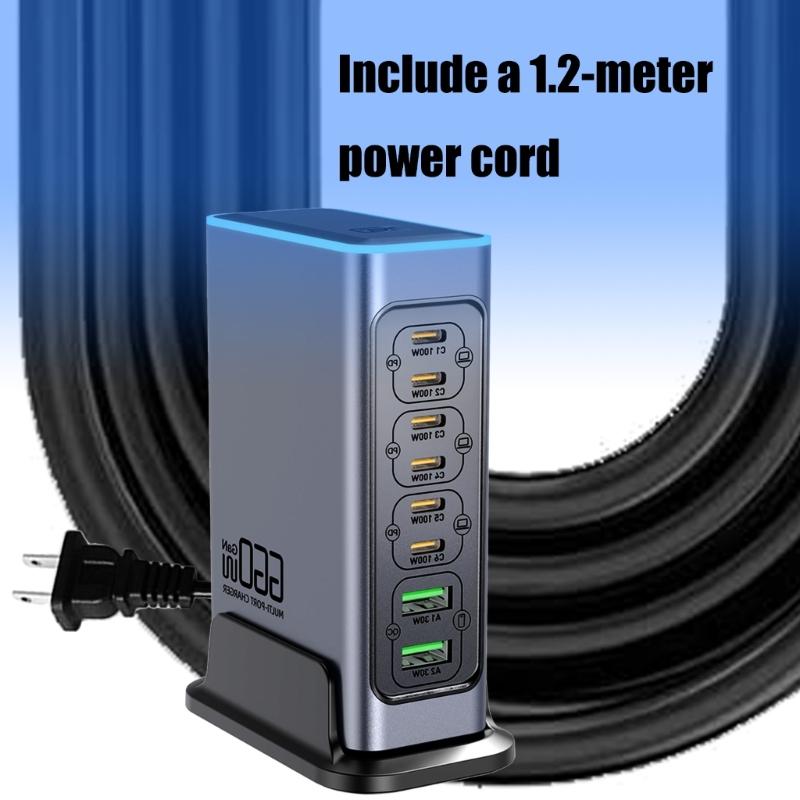 8-портовый USB-C GaN-адаптер питания 660 Вт, поддержка PD100W PD3.0 быстрой зарядки для нескольких электронных устройств