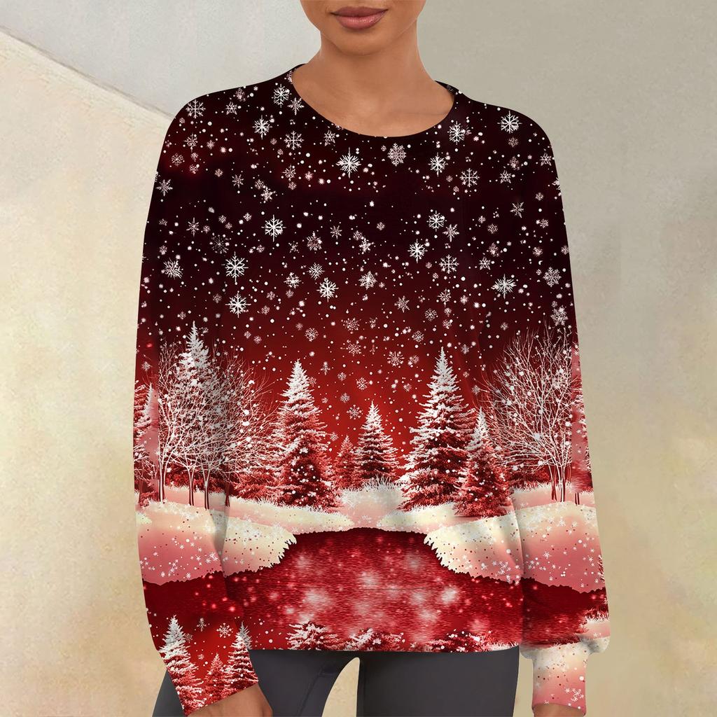 Women's Casual Fashion Print Round Neck Drop Shoulder Sleeve Long Sleeve Sweater Top