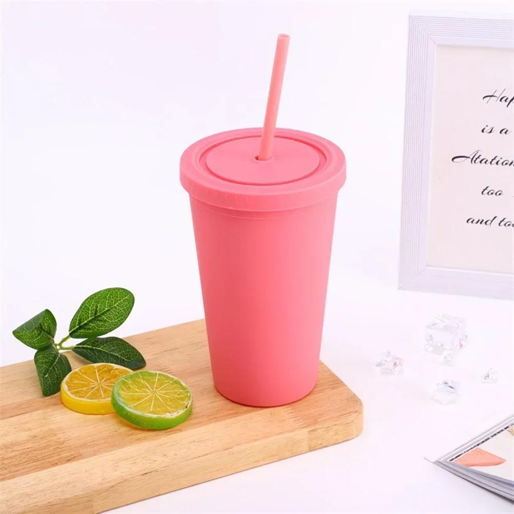 Candy Color Double-layer Plastic Straw Cup Coffee Cup Plastic Frosted Handy Water Cup Easy To Carry Straw Kettle Sports Bottle