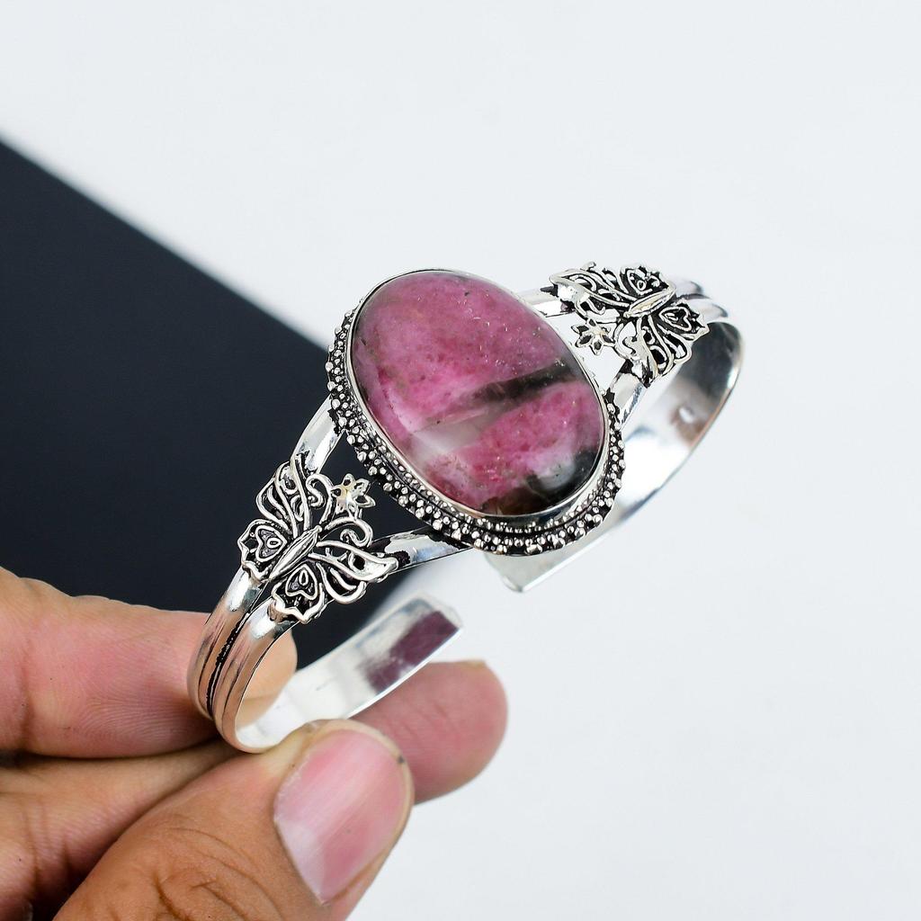 Natural Rhodonite Gemstone Handmade 925 Sterling Silver Cuff Bangle, Rhodonite Bangle,For Wife, Unisex Bangle, Gifts For Party Wear