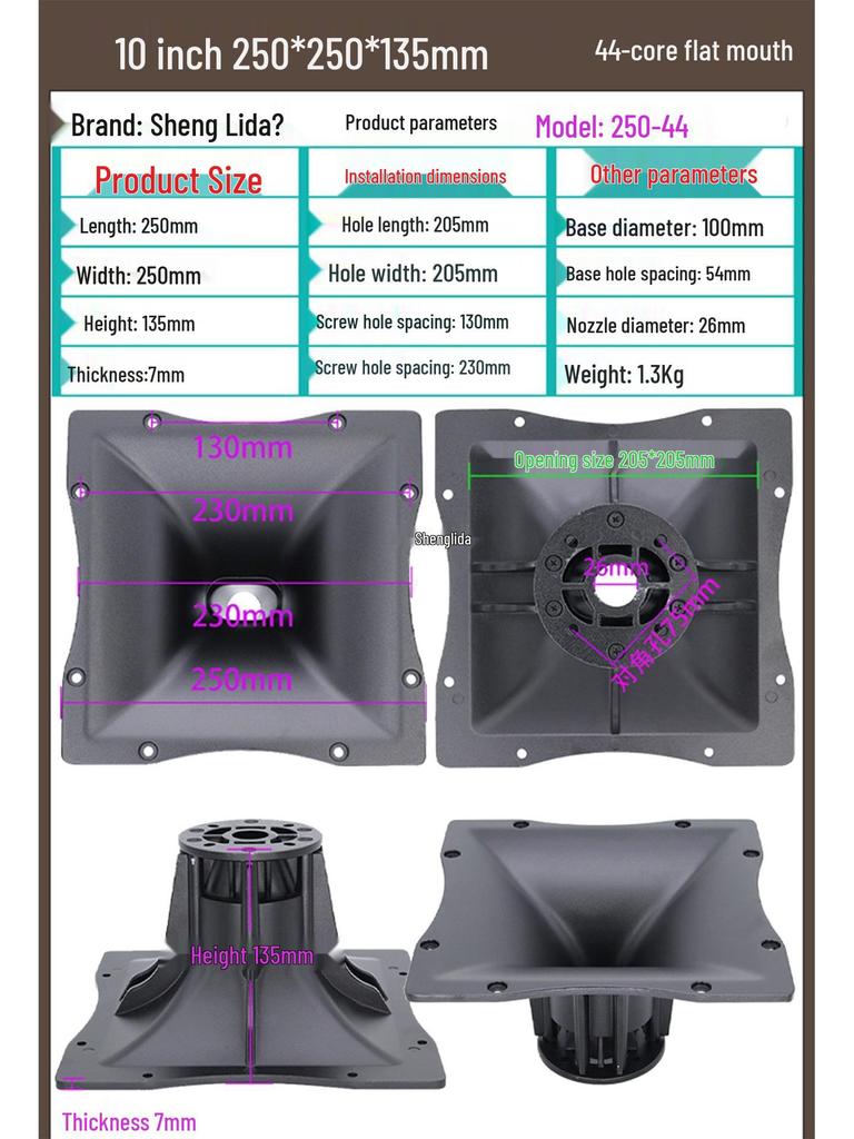 Recessed Edge Aluminum Speaker Horn, Audio RC 250x250mm, 100 Core, 50mm Throat
