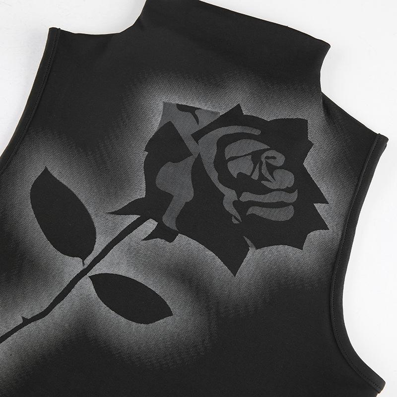 Черный укороченный топ с принтом розы, летняя готическая одежда Y2k, укороченный корсет, эстетичная водолазка без рукавов, белые майки с графическим рисунком