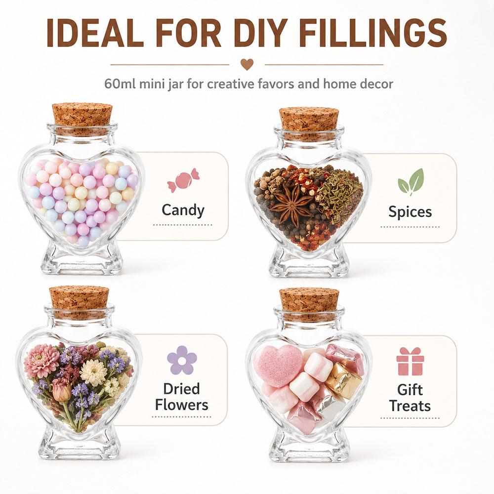 60ml Heart Shaped Candy Glass Jars Wedding Favor Jars Wish Drifting Bottle for Candy Spices Christmas Valentine's Day