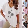 Лето 2023, женская повседневная хлопковая конопляная футболка больших размеров с цветочным принтом и v-образным вырезом, футболка с короткими рукавами и летучей мышью