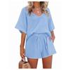 Women's 2 Piece Solid Color Racksuit Short Sleeve Casual Shorts Set V Neck Beach Outfits