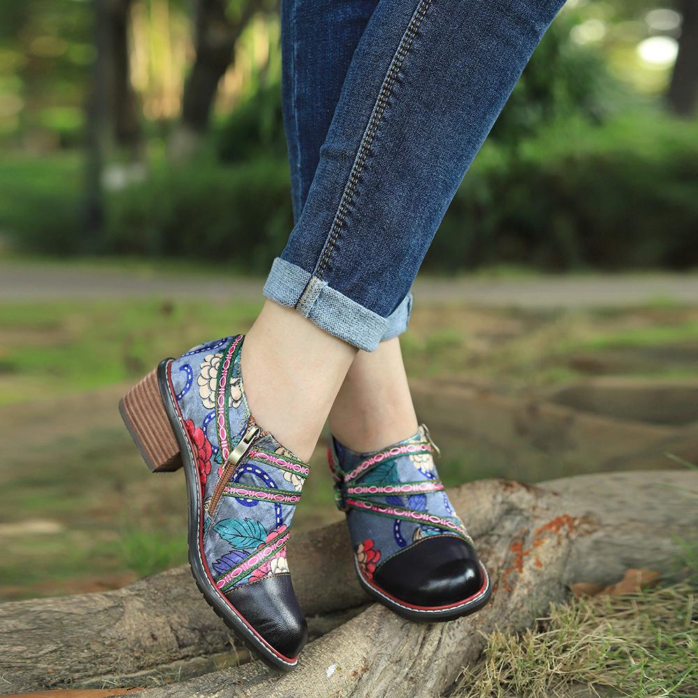 Цветочная обувь ручной работы Женская обувь с мягкой плоской подошвой Осенние повседневные сандалии Обувь из натуральной кожи