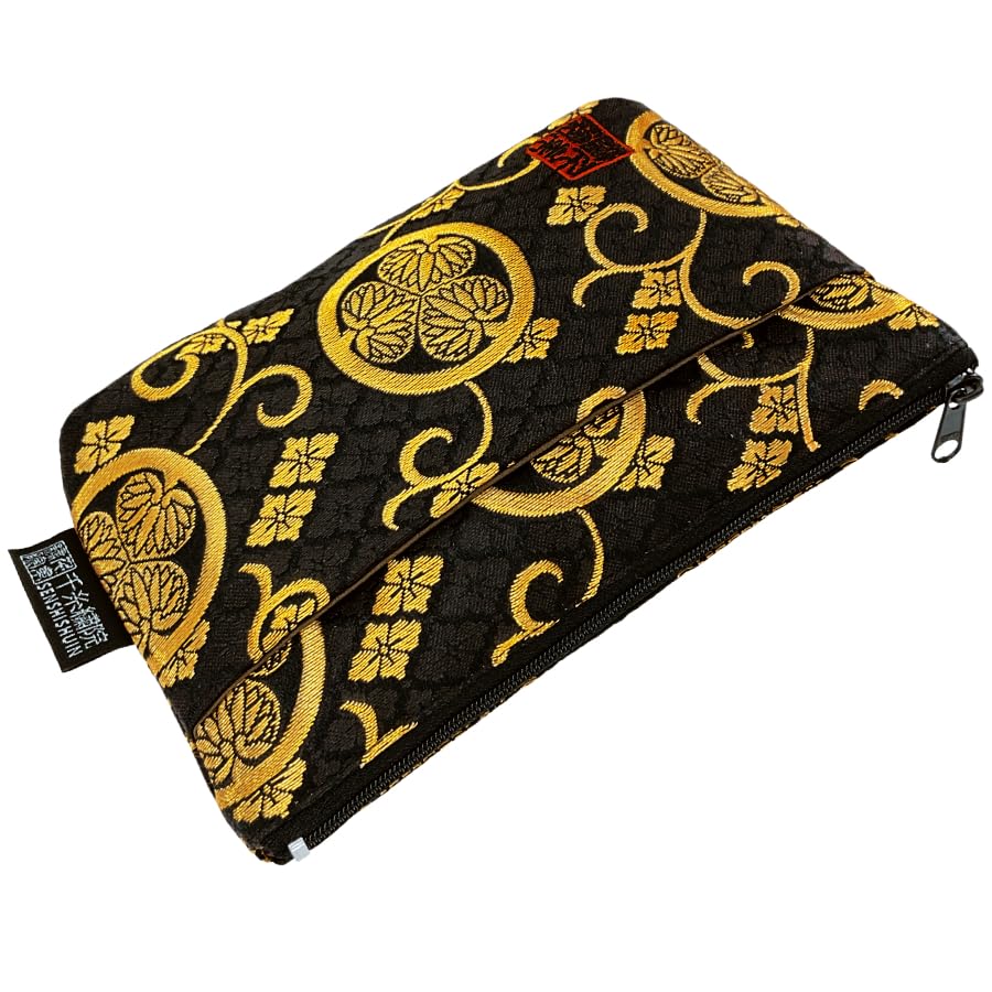 Senshishuin Nishijin Brocade Pouch with Black Hollyhock Crest (Lined) (Small)