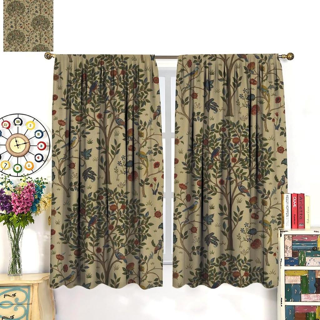 Винтажные шторы блэкаут William Morris Forest   Рустикальные бохо шторы с птицами и растениями   для гостиной, спальни 21(W)*45(L