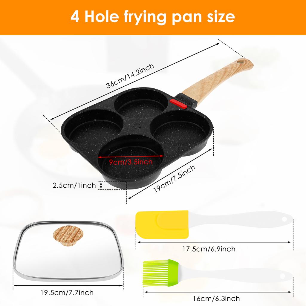 Non Stick 4-Cup Egg Frying Pan with flipping Lid Aluminum Pancake Egg Cooker with Spatula and Brush Burgers Omelet Cooking Pan