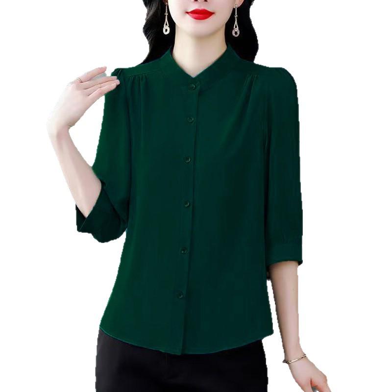 Элегантная женская рубашка с рукавом семь восьмых однотонной расцветки - Летне-осенний топ свободного кроя из коллекции для мам