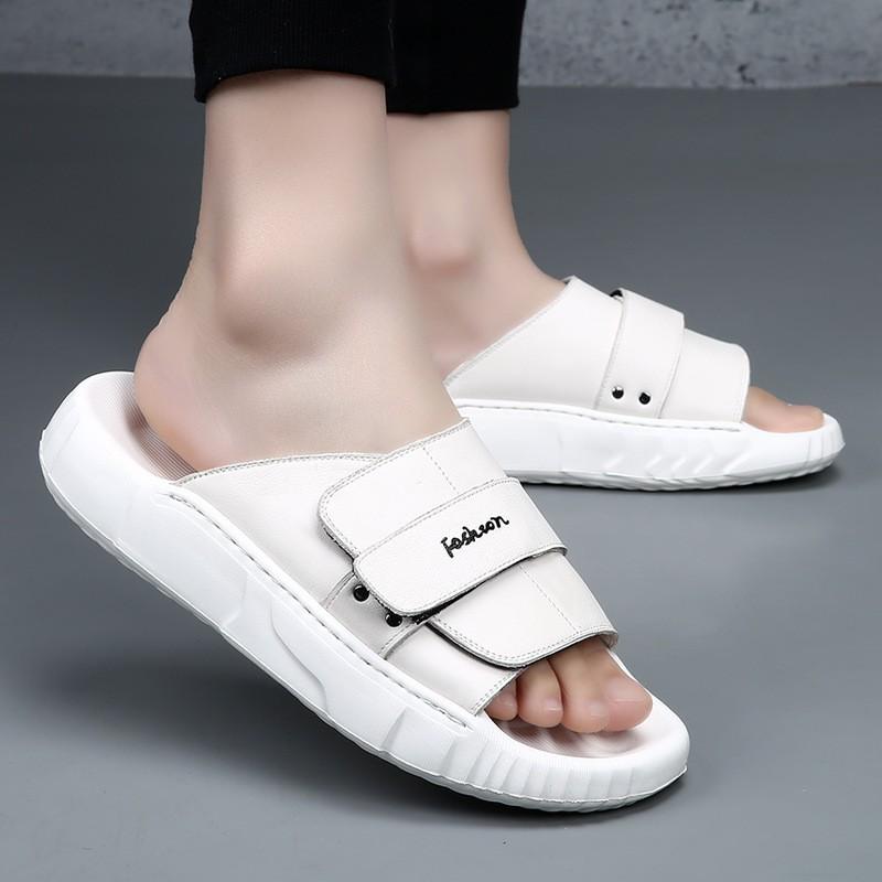 Mens Genuine Leather Slide Sandals Outdoor Slip-On Flat Shoes With Non-Slip Sole