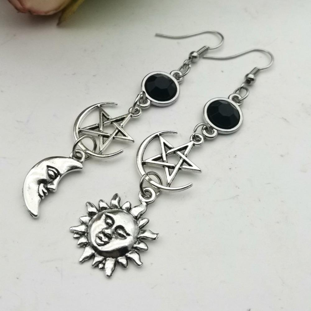 Gothic Retro Black Zircon Sun Moon Mango Star Long Pendant Dangle Earrings for Women Bohemian Fashion Jewelry Accessories Gifts