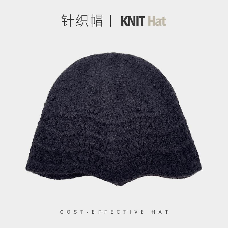 Hollow knitted hat women's autumn and winter plain lace versatile bucket hat showing small face warm ear protection cold hat