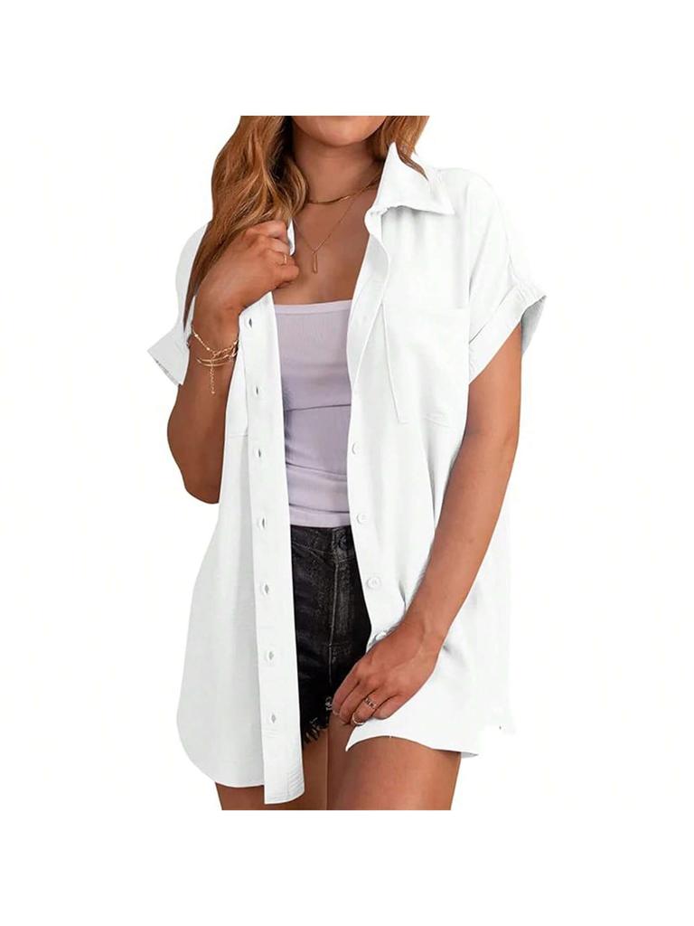 Women's Button Down Shirt Short Sleeve Loose Summer Blouse Top with Pockets