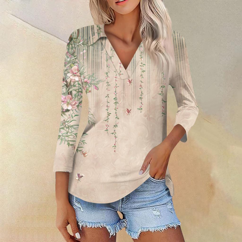 Women's Summer Fashion Casual Print V-Neck Three Quarter Sleeve Shirt Top