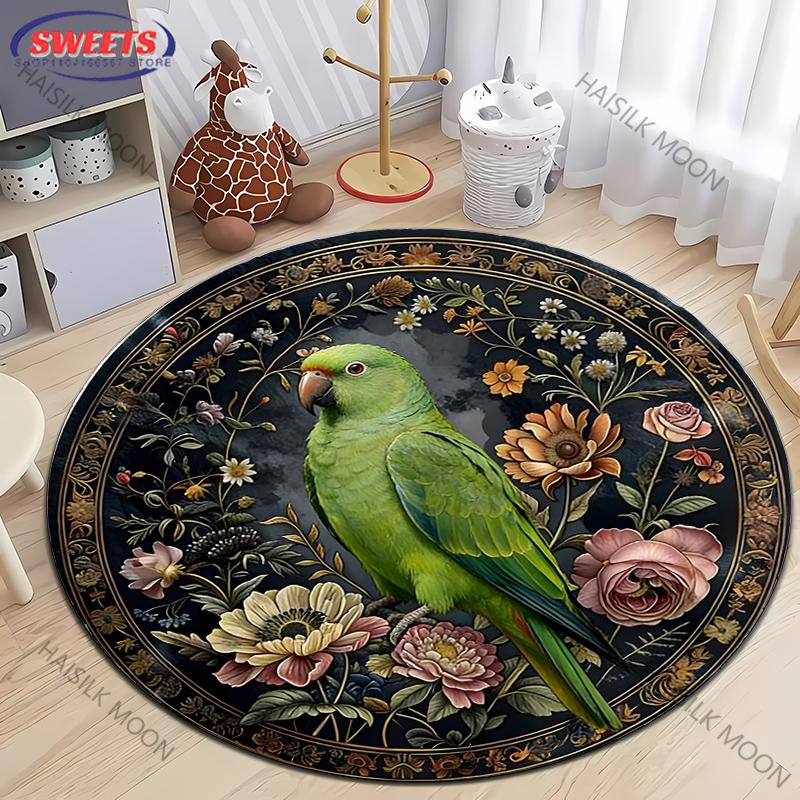 3D Vintage Floral Animals Rugs Butterfly Parrot Fox Printed Round Rug Living Room Bedroom Decor Indoor Floor Mat Rug for Friends