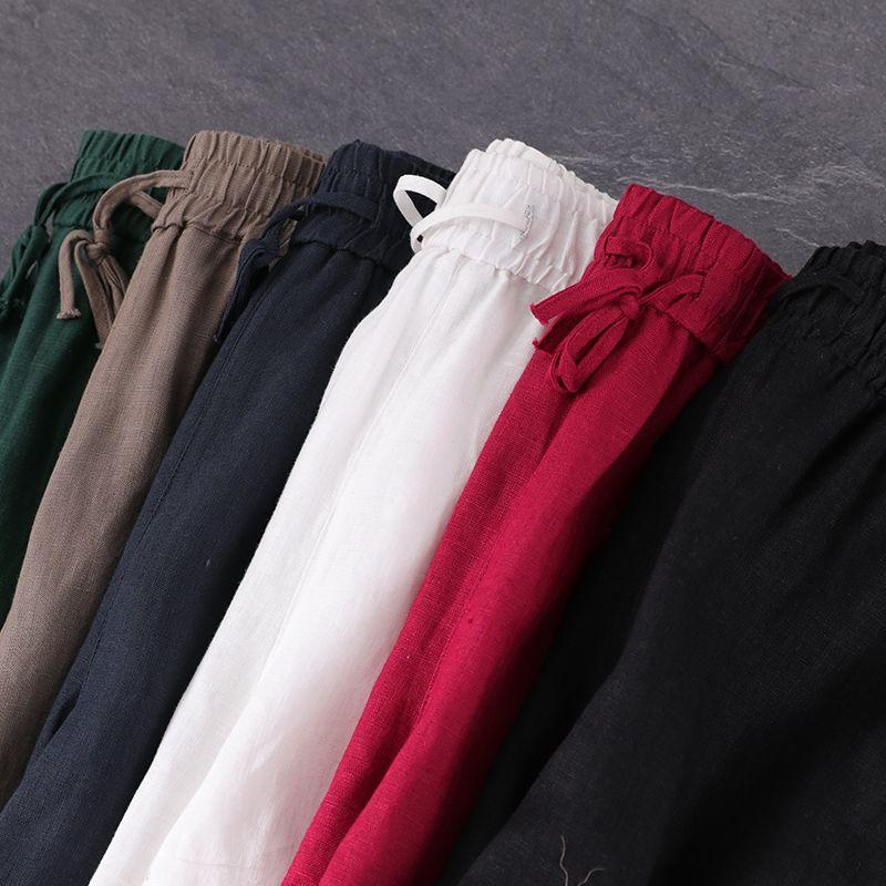 Женские брюки-шаровары, летние повседневные винтажные хлопковые льняные брюки с эластичной резинкой на талии, широкие брюки, модные свободные карманы, женские брюки