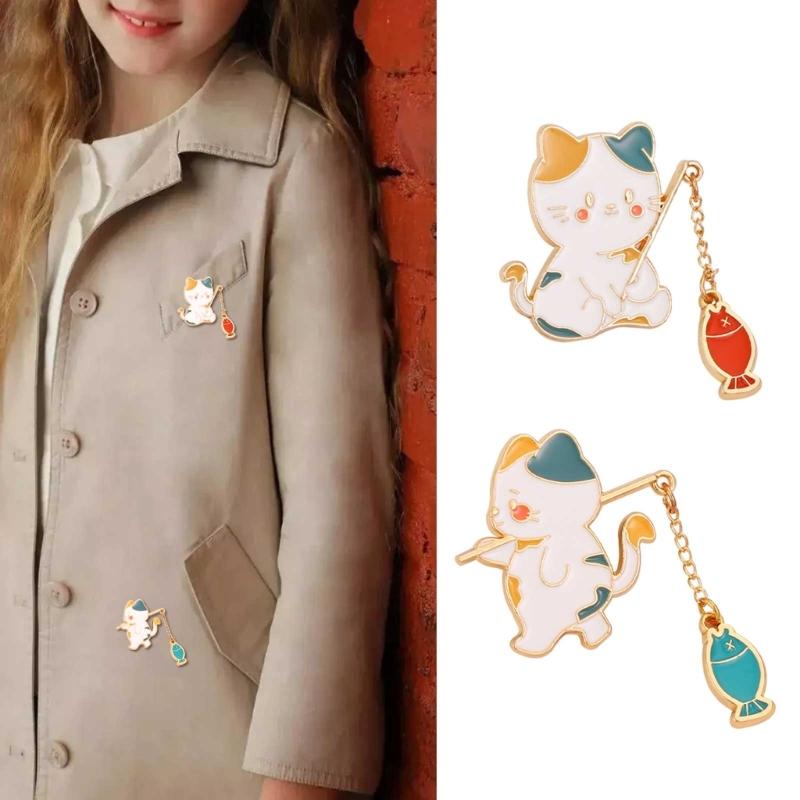 Cat Fishing Brooch Cute Cartoon Fishing Cat Brooch Cowboy Badges Pin Alloy Material for Bookbags Clothes Decorations