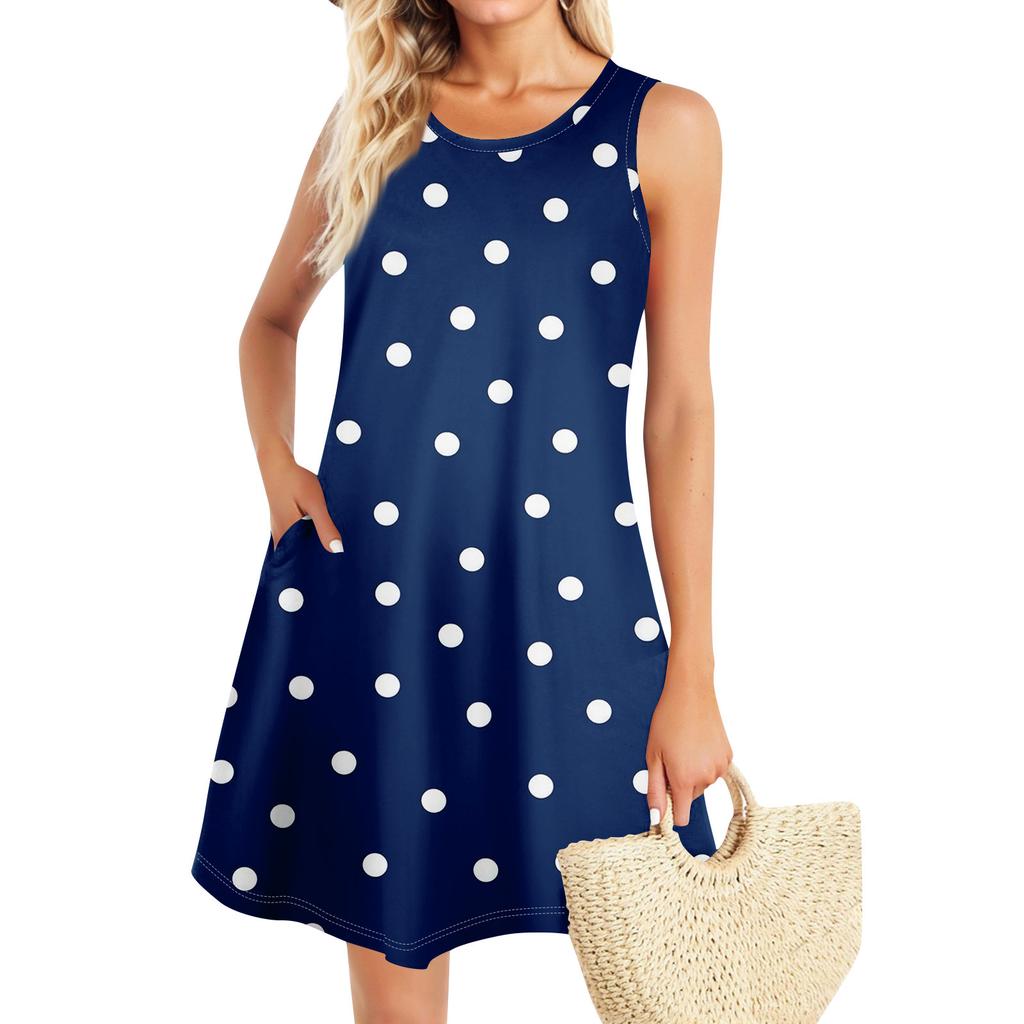 Summer Dresses For Women Beach Boho Sleeveless Vintage Printing Flowy Pocket Tshirt Tank Sundresses