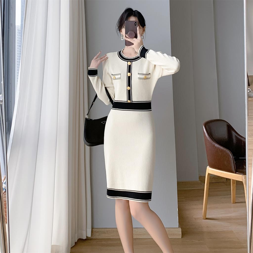 French Elegant Party Color Contrast Dress Women Vintage Slim Mid-length Knitted Dresses Female Korean Fashion Design Casual Clothes