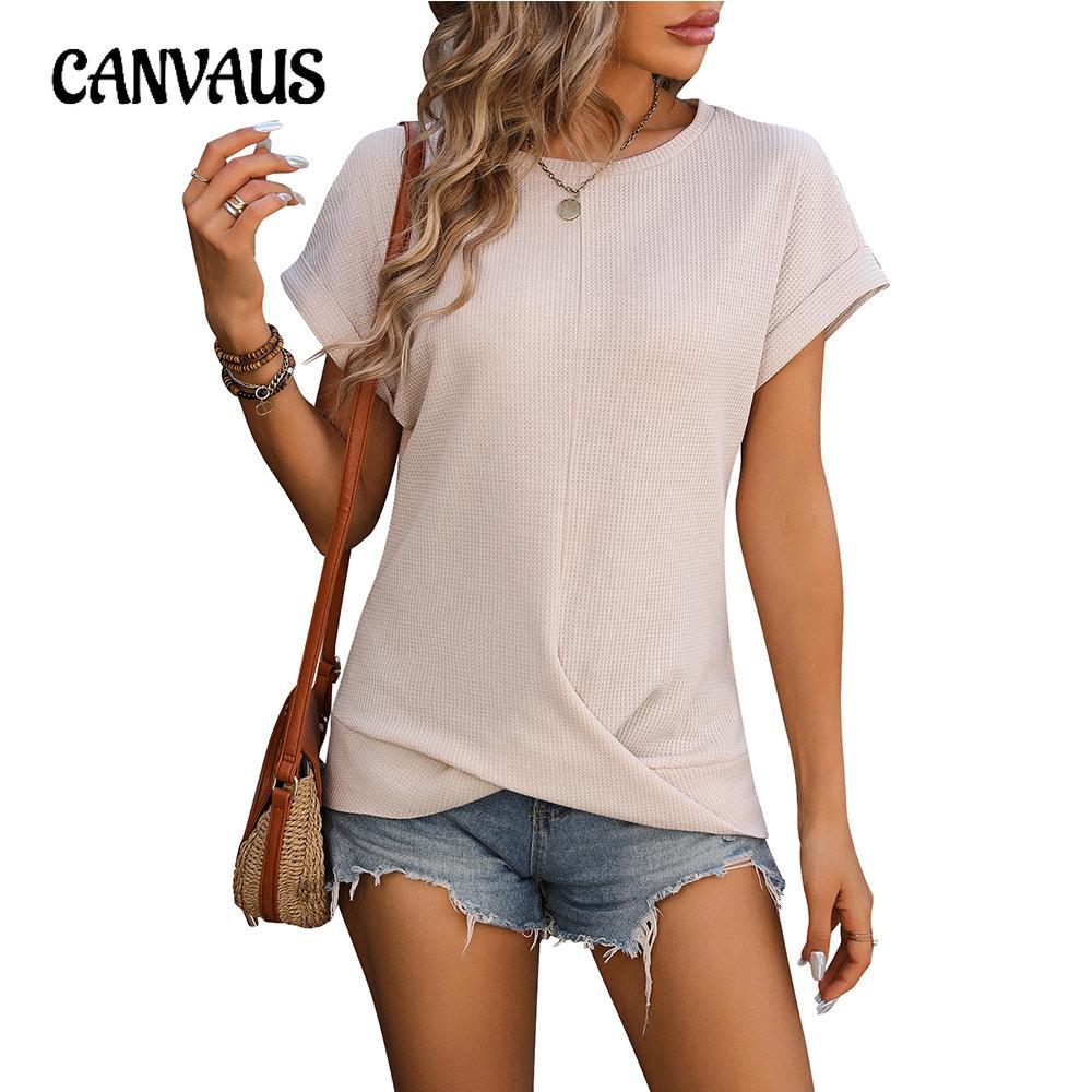 Summer Women's T-Shirt Solid Color Waffle Twist Loose Short Sleeve T-Shirt