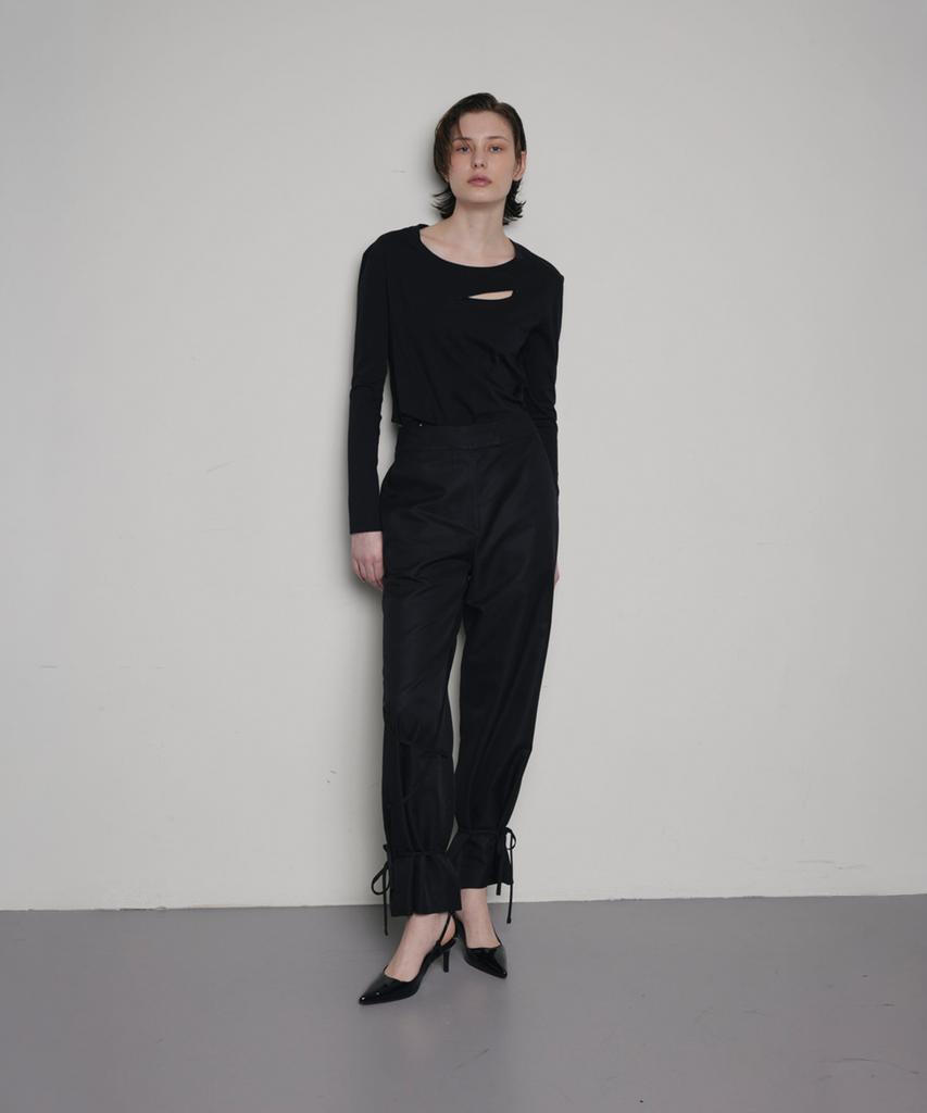 OEUVA Black Silk Wool Asymmetrical Strap Pants