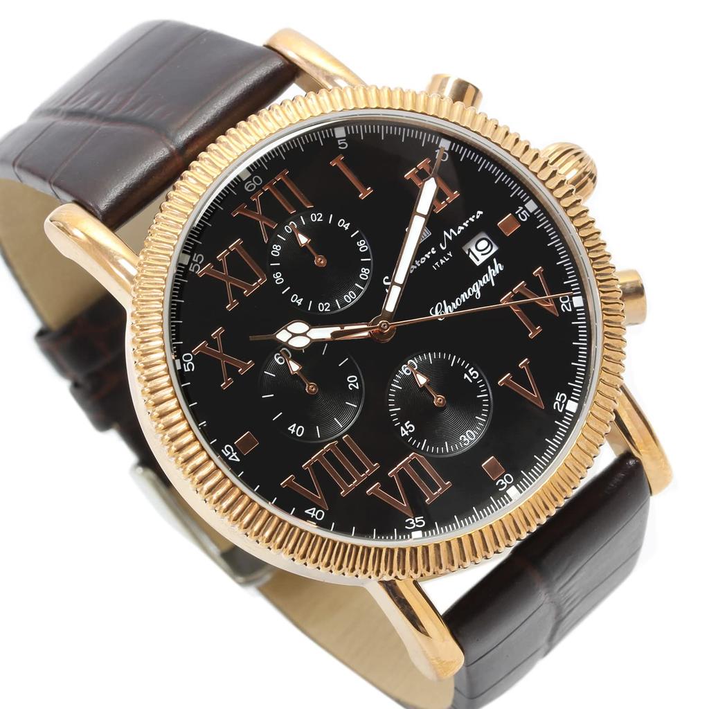 Часы-хронограф с кожаным ремешком, водонепроницаемость 5 АТМ, черный, розовое золото [Salvatore Mara], мужские SM19109-PGBK2