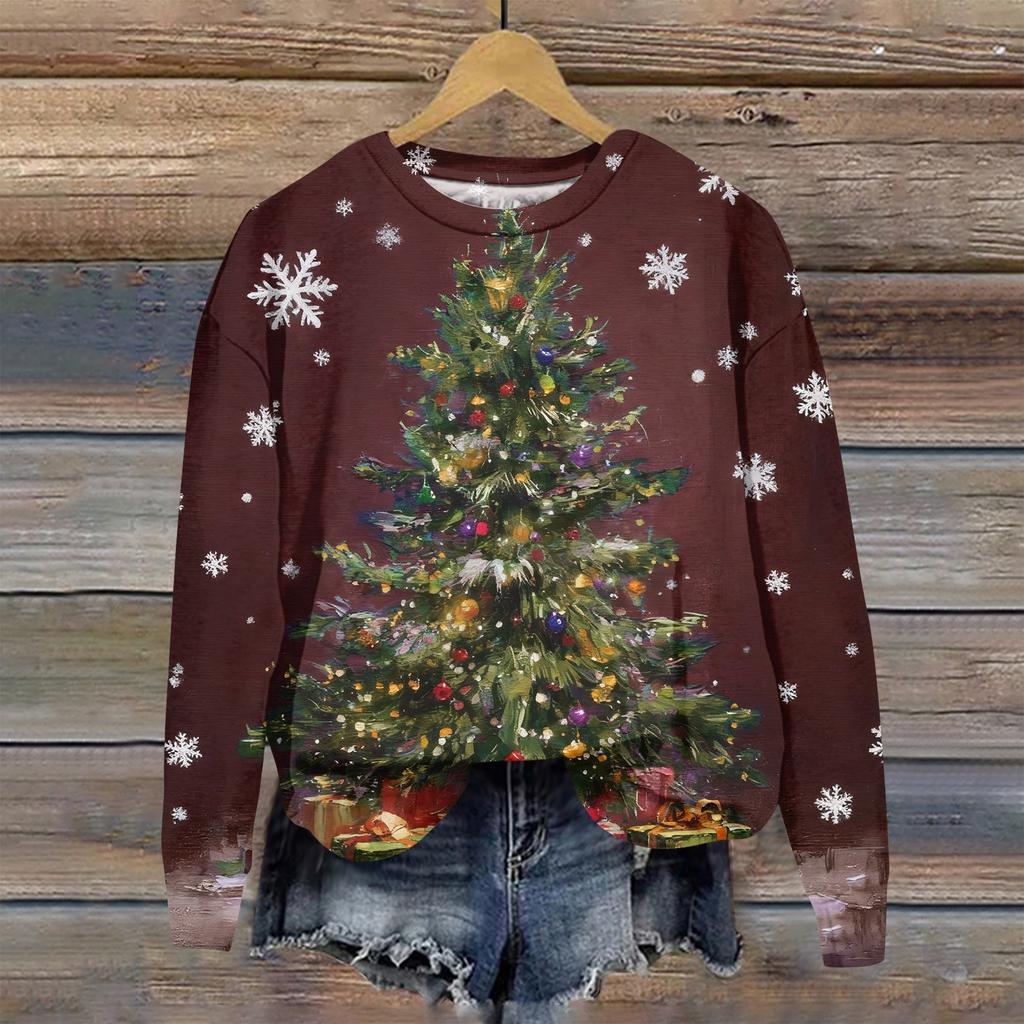 Женская модная рождественская принтованная толстовка с длинным рукавом и круглым вырезом