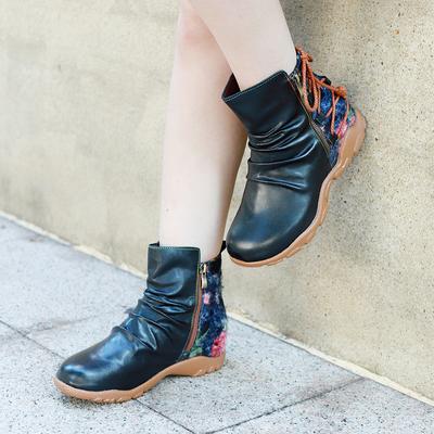 Женская обувь из натуральной кожи с принтом в этническом стиле, туфли-лодочки в стиле ретро с круглым носком, на толстом каблуке и на мягкой подошве