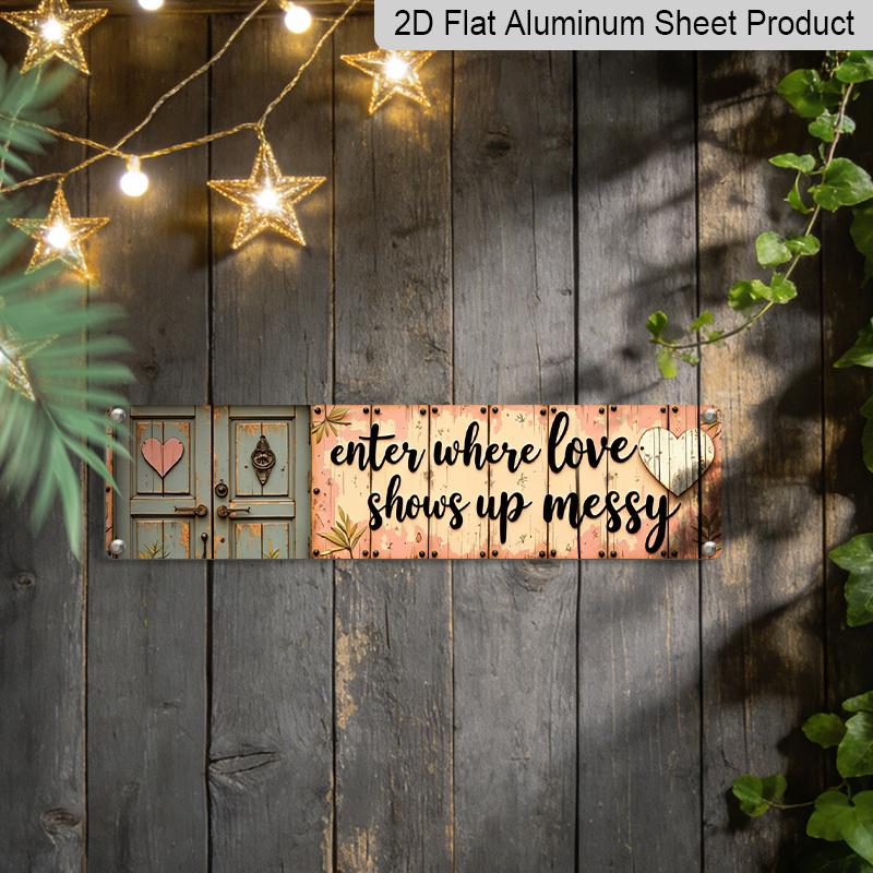 2D Flat, Rustic European Wall-Mounted Aluminium Decorative Sign with Handwritten Calligraphy & Heart Accents - Irregular Shape Suitable for Home