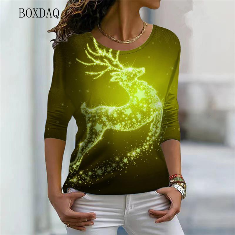 Женские рождественские модные футболки с длинным рукавом, осенне-зимние, с абстрактным рисунком оленя, 3D-принтом, уличная футболка, свободные повседневные топы