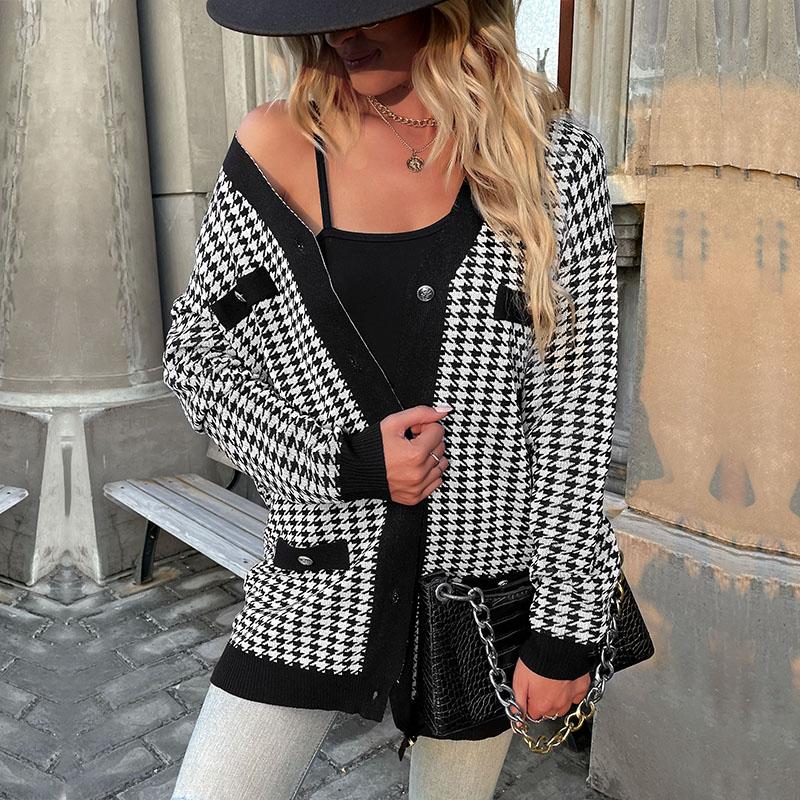 Women's Fashion Casual Houndstooth Print Autumn Winter Long Sleeve Jackets & Coats