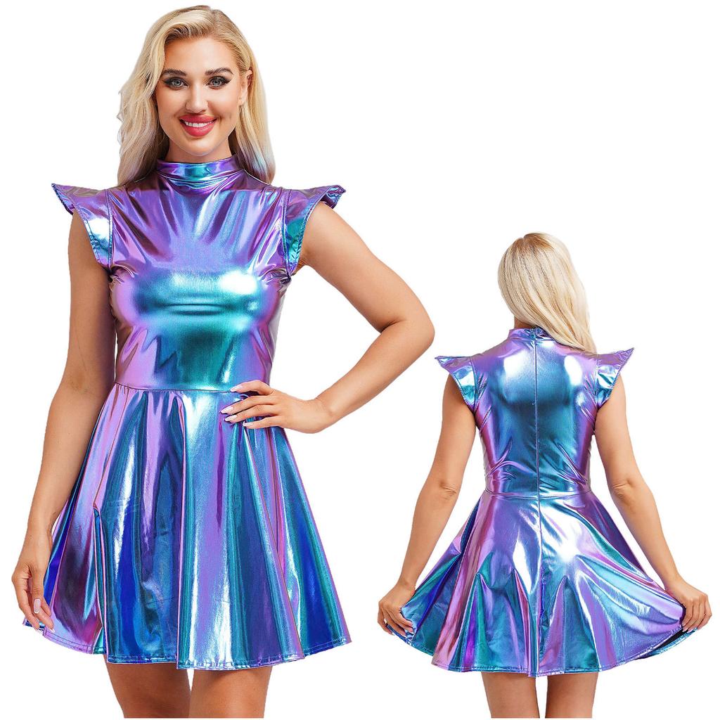 Women's Halloween Party Dress - Shiny Metallic A-line with Mock Neck & Cap Sleeves Fashion Bar Club Wear