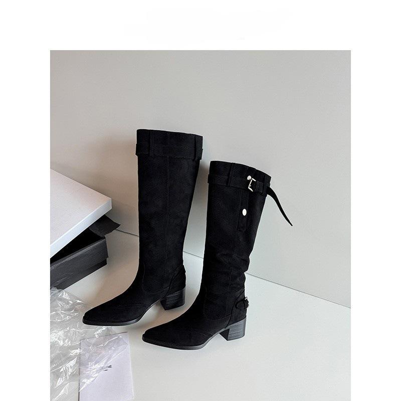 Wasteland Style Fashion Pointed Big Tube Around Piling Boots Women's Thick Heel Pointed High Heel Boots Versatile Boots