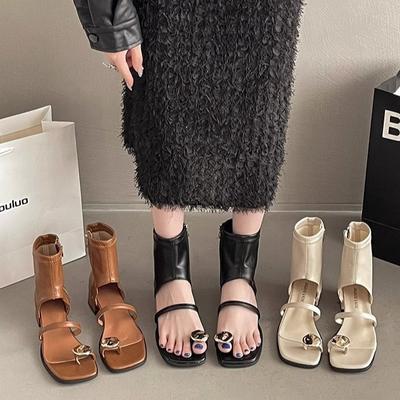 Дизайнерские нишевые сандалии на толстом каблуке с боковой молнией черные 2025 новые женские летние с квадратным носком крутые ботинки с закрытым носком крутые ботинки