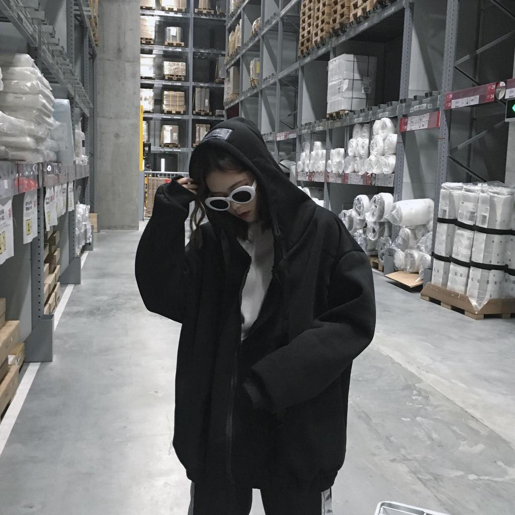 2020 Korean Style Thick Fleece-Lined Hooded Zip-Up Mid-Length Sweatshirt Jacket for Women