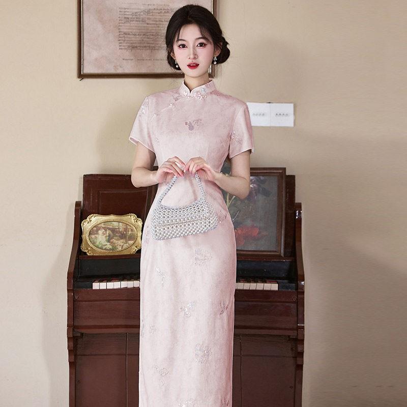 Elegant Pink Embroidered Cheongsam Dress Womens Modern Chinese Style Long Qipao 2026