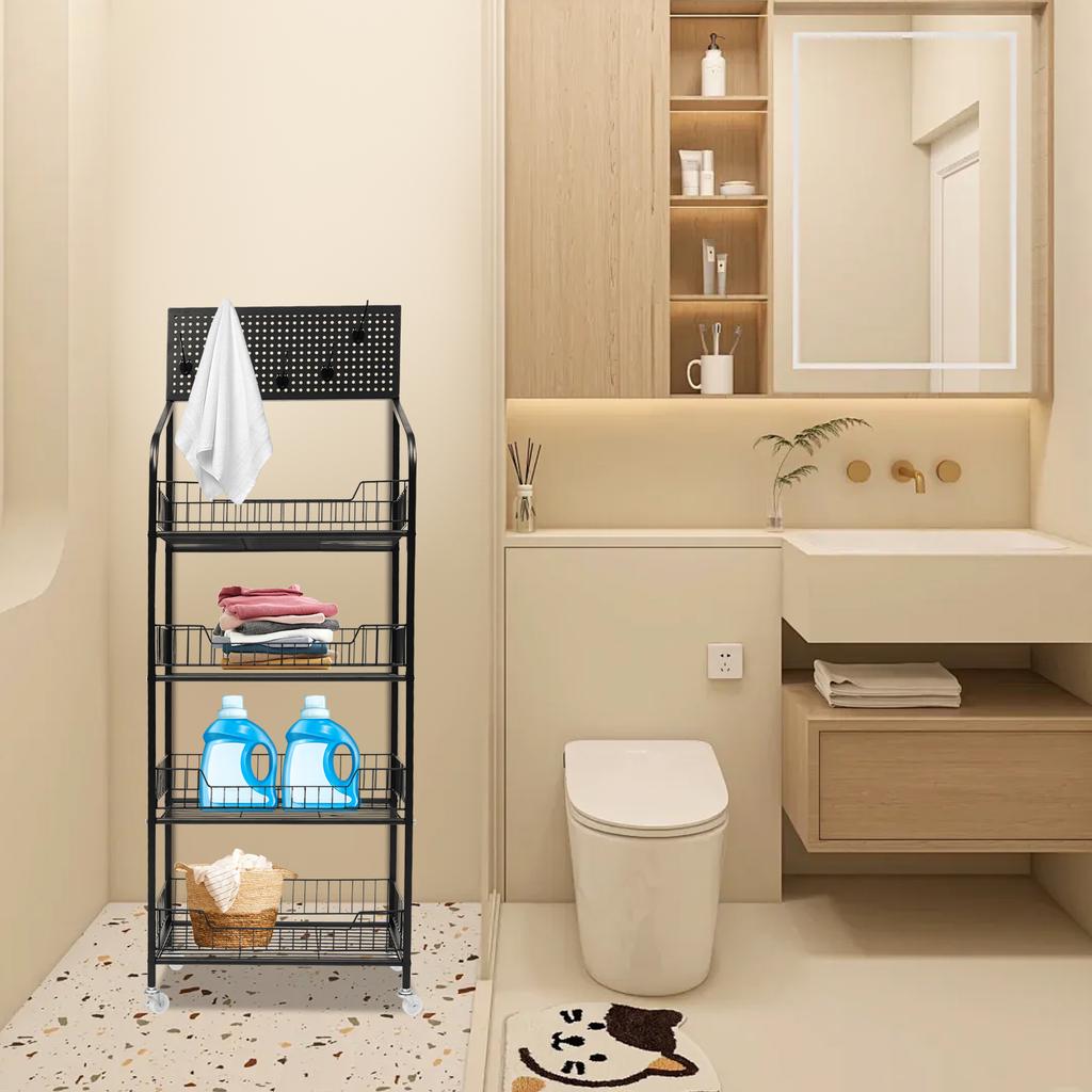 4-Tier Metal Storage Shelf Rolling Cart, Heavy Duty Kitchen Organizer Rack with Wheels for Pantry, Store Display, Black