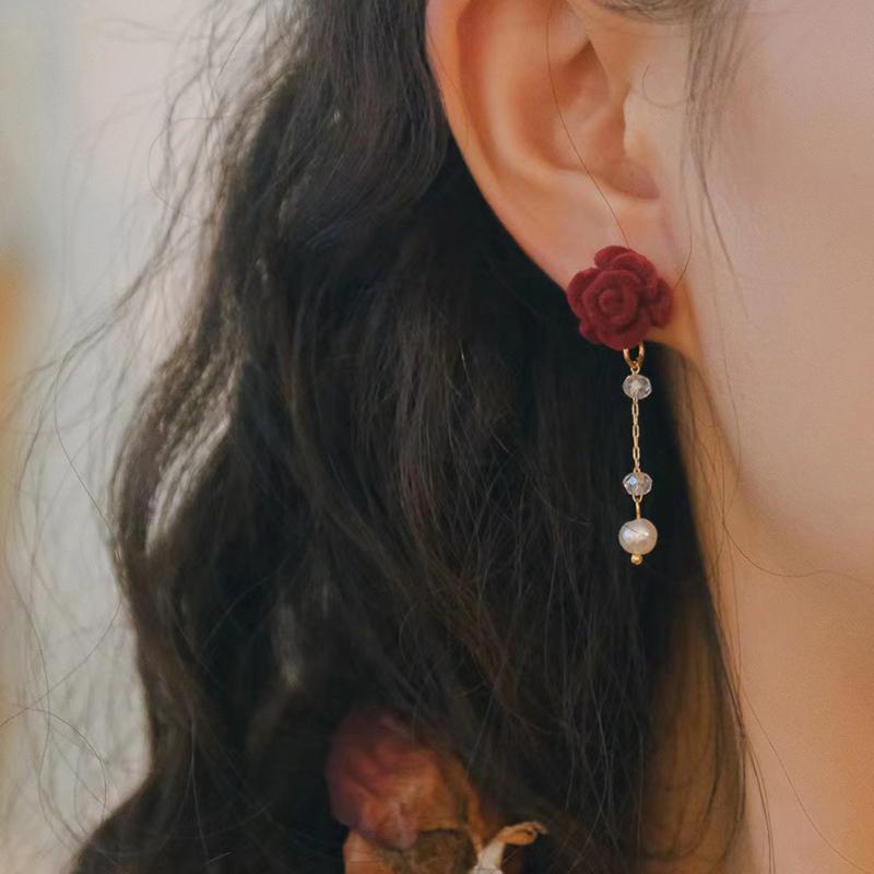 Серьги-бантики из красной флокированной ткани, темпераментные серьги с длинными бахромой в виде сладких цветов