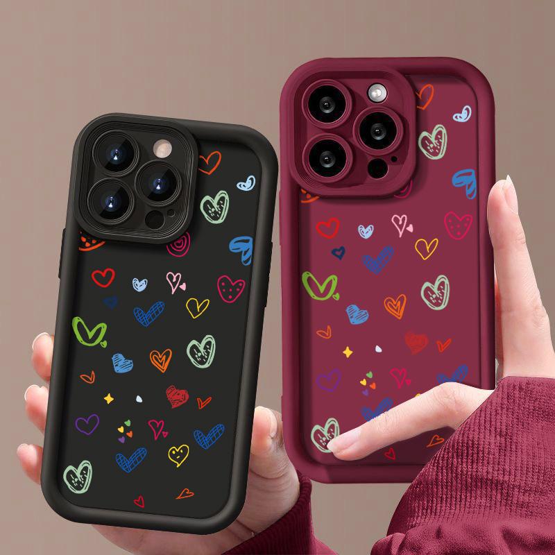 Cartoon Love Hearts Pattern Shockproof Phone Case for iPhone 16 15 14 Plus 13 12 11 Pro Max Xs Xr 8 7 Matte Tpu Soft Lens Protection Anti-Fall Cover