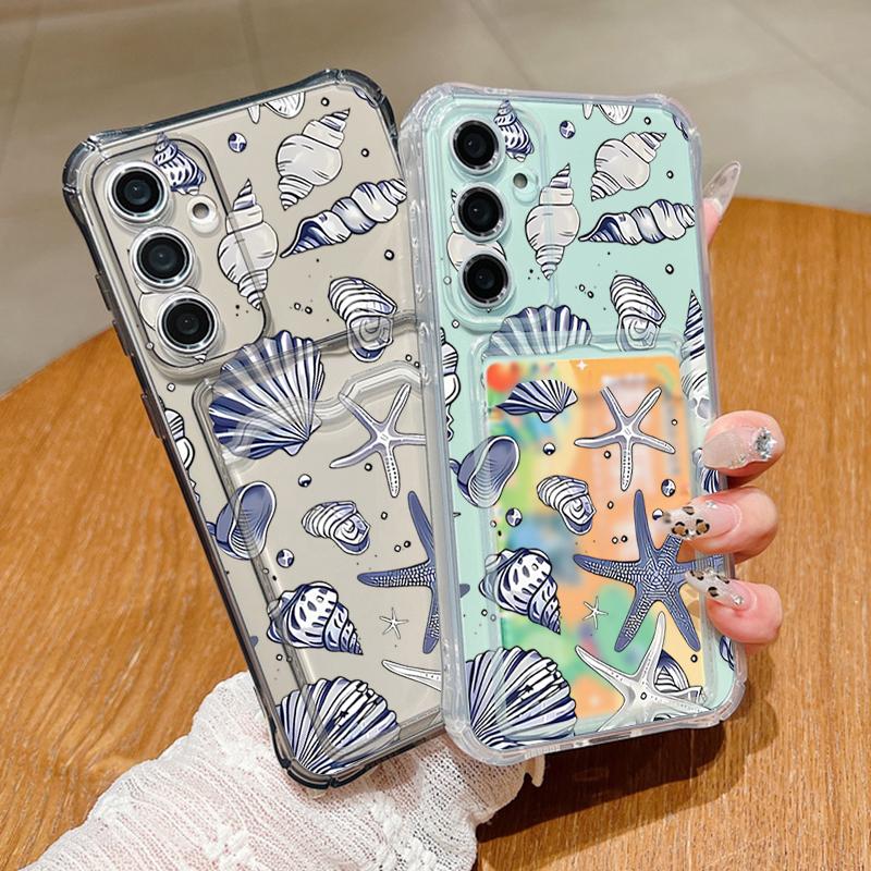 Противоударный Мягкий Чехол Для Samsung S25 Ultra S24 FE S23 S22 A56 A16 A15 A53 A52 A54 С Отделением Для Карт Мягкий Чехол Крышка С Рисунком Ракушки Морской Звезды Чехол Для Телефона