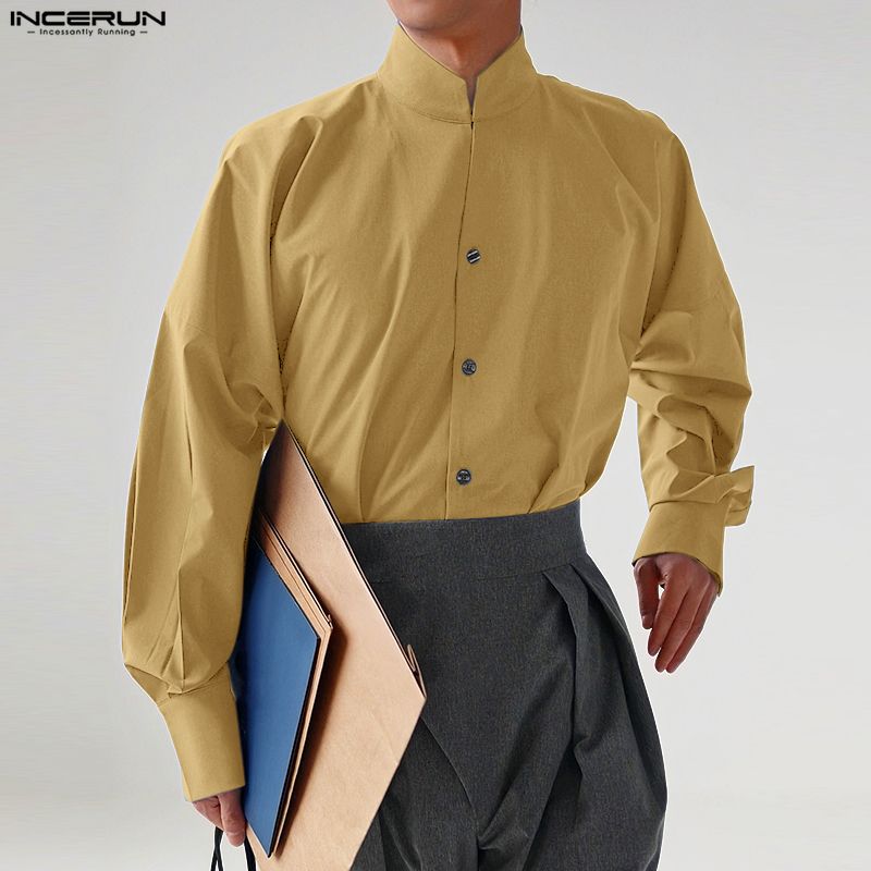 INCERUN S-5XL Мужские повседневные рубашки с воротником-стойкой, длинным рукавом и боковыми пуговицами