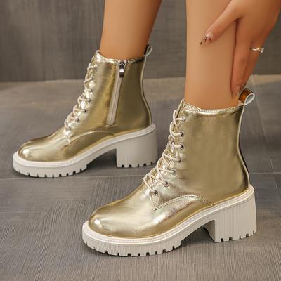 Британские серебряные золотые ботильоны женские на толстом каблуке с круглым носком женские ботинки на шнуровке весна-осень винтажная платформа высокие каблуки обувь