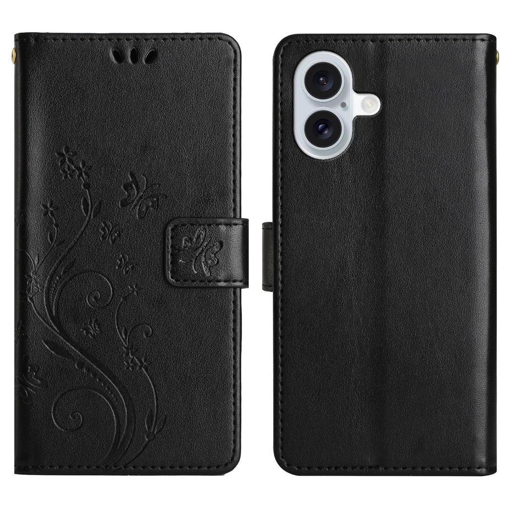 Для iPhone 17 Кожаный чехол-кошелек Чехол для телефона с тиснением в виде бабочки и цветка со шнурком