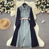 Vintage Patchwork Single Breasted Chic Lace-up Spliced Blouse Dresses Women Korean Office Lady Slim High Street Autumn Clothing