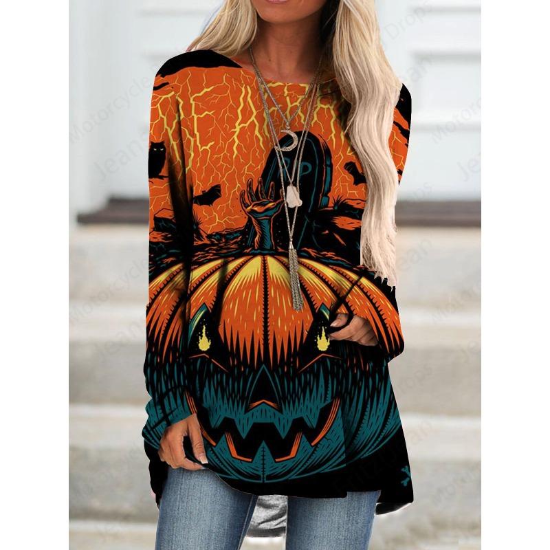 Happy Halloween 3D Print Длинные рукава Футболка Женская мода Круглый вырез Свободные туники Топы Женская осенняя одежда Femme Топы Стиль Y2k