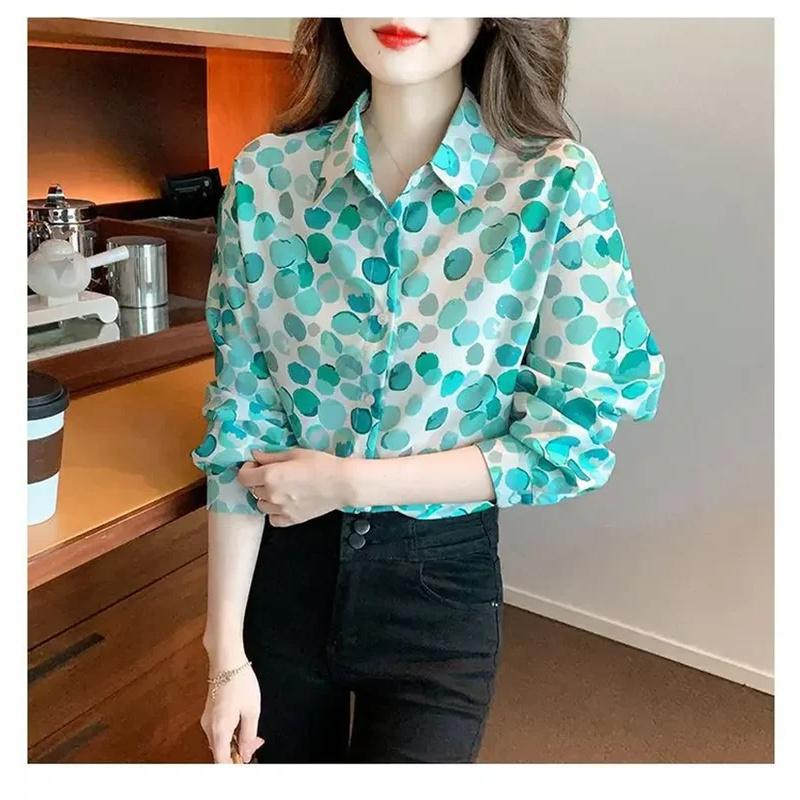 Women's Chiffon Shirts, Elegant Casual Work Tops, Adorable Long-sleeved Blouses with Love Heart Print.