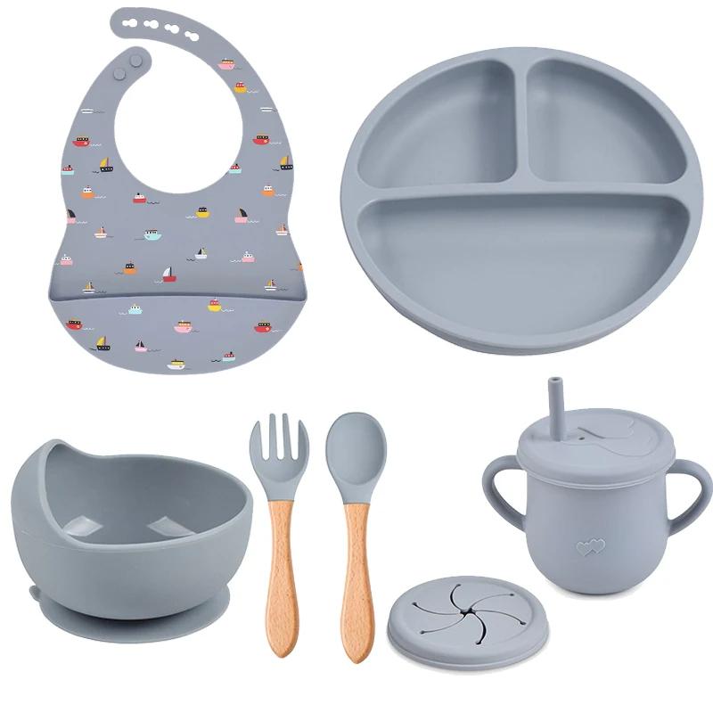 7PCS Baby Solid Silicone Tableware Set with Divided Baby Plates Feeding Bowls Straw Cup and Spoon for Toddler Training BPA Free