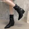 Chunky Pointed Toe Women Ankle Boots Fashion Leather Mid Heels Sexy Shoes  Trend Winter Designer New Pumps Goth Botas Mujer