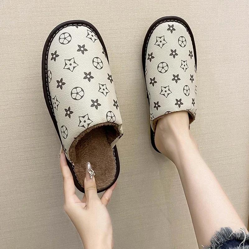 Зимние женские тапочки с круглым носком, женские туфли без застежек, плоская платформа, домашняя хлопковая обувь, удобные закрытые туфли для дома